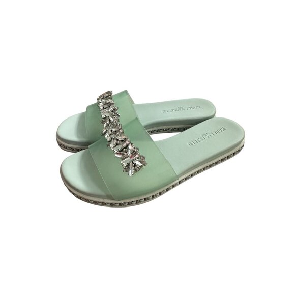 KARL LAGERFELD Mint Green Jeweled Rhinestone Slide Sandals Size 7 - Picture 3 of 10